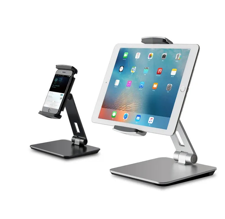 Foldable aluminium desktop phone and tablet holder showing 360° rotation capability