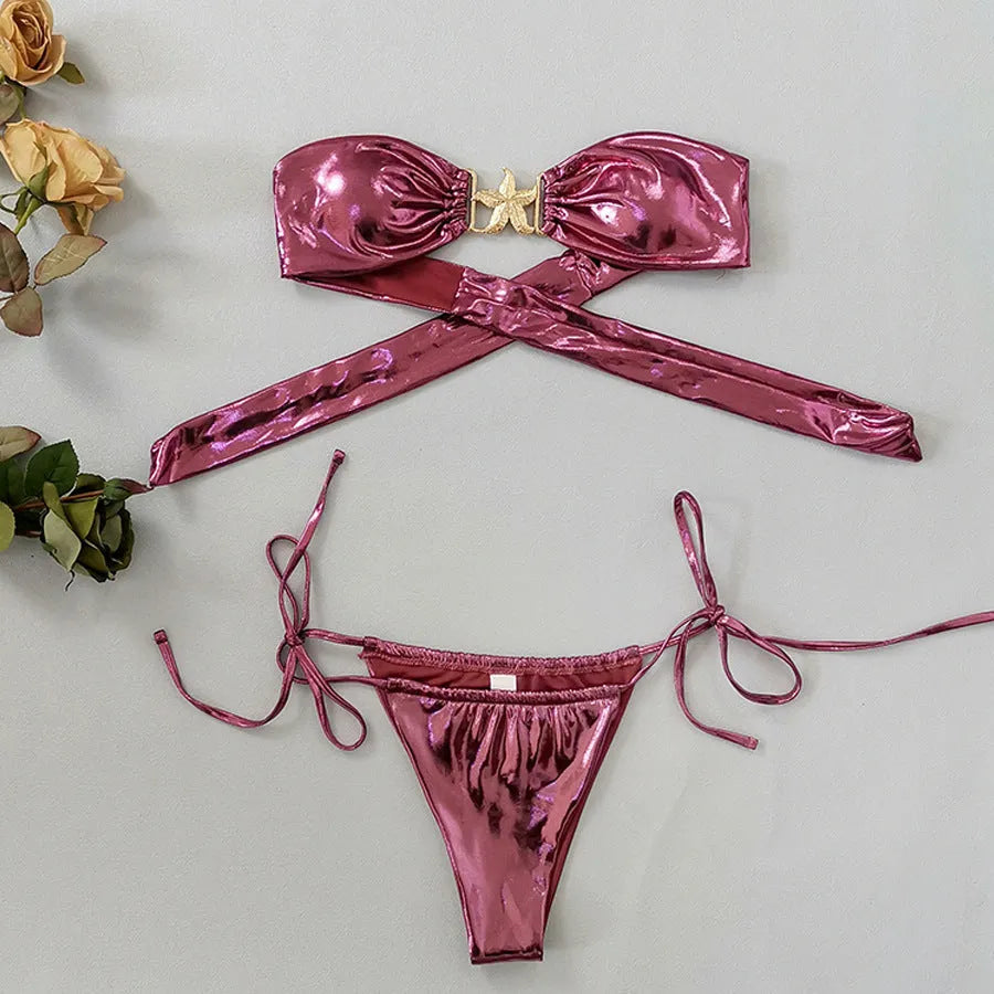 Blue glossy tube top bikini set with gold starfish detail and backless briefs