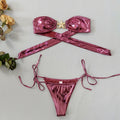 Blue glossy tube top bikini set with gold starfish detail and backless briefs