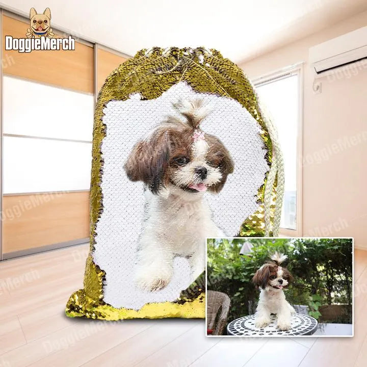Custom purple sequins drawstring backpack with a personalised dog photo print.