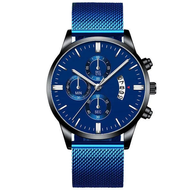 Men's stainless steel analog watch with a mesh band in a two-tone colour.