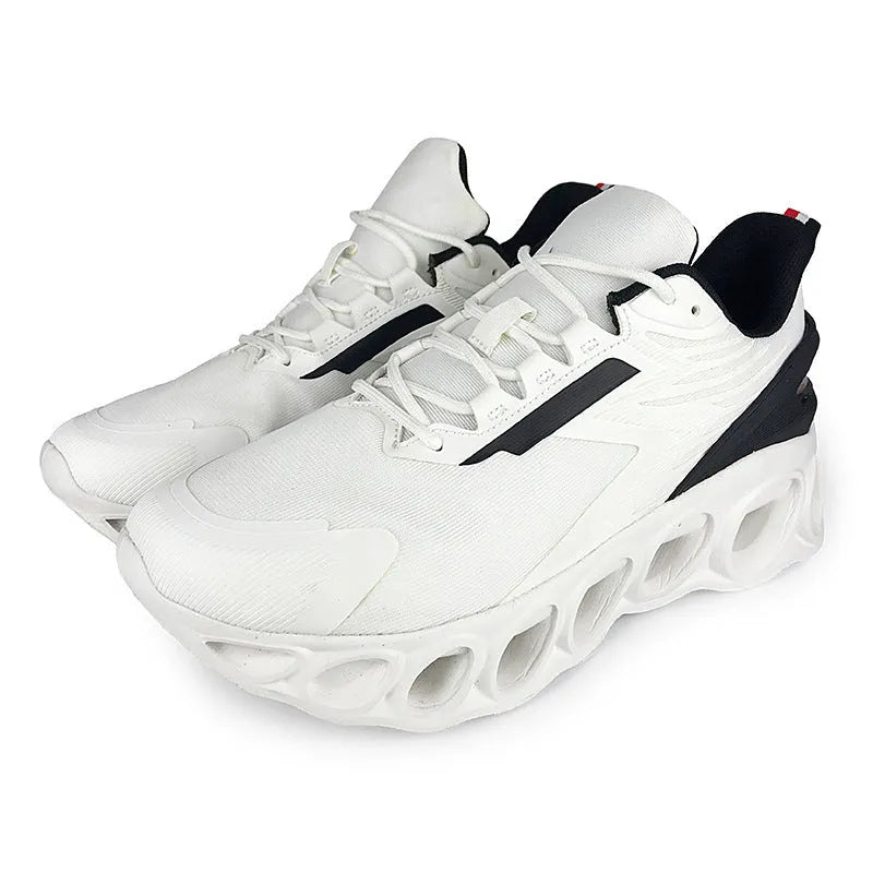 Men's breathable mesh sports shoes with low top design, EVA sole, and lace-up closure in black, white, or dark blue colors