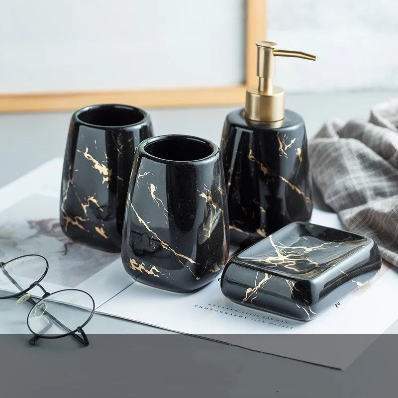 Ceramic bathroom wash set in black, blue, or white with a smooth porcelain finish and light luxury decal styling.