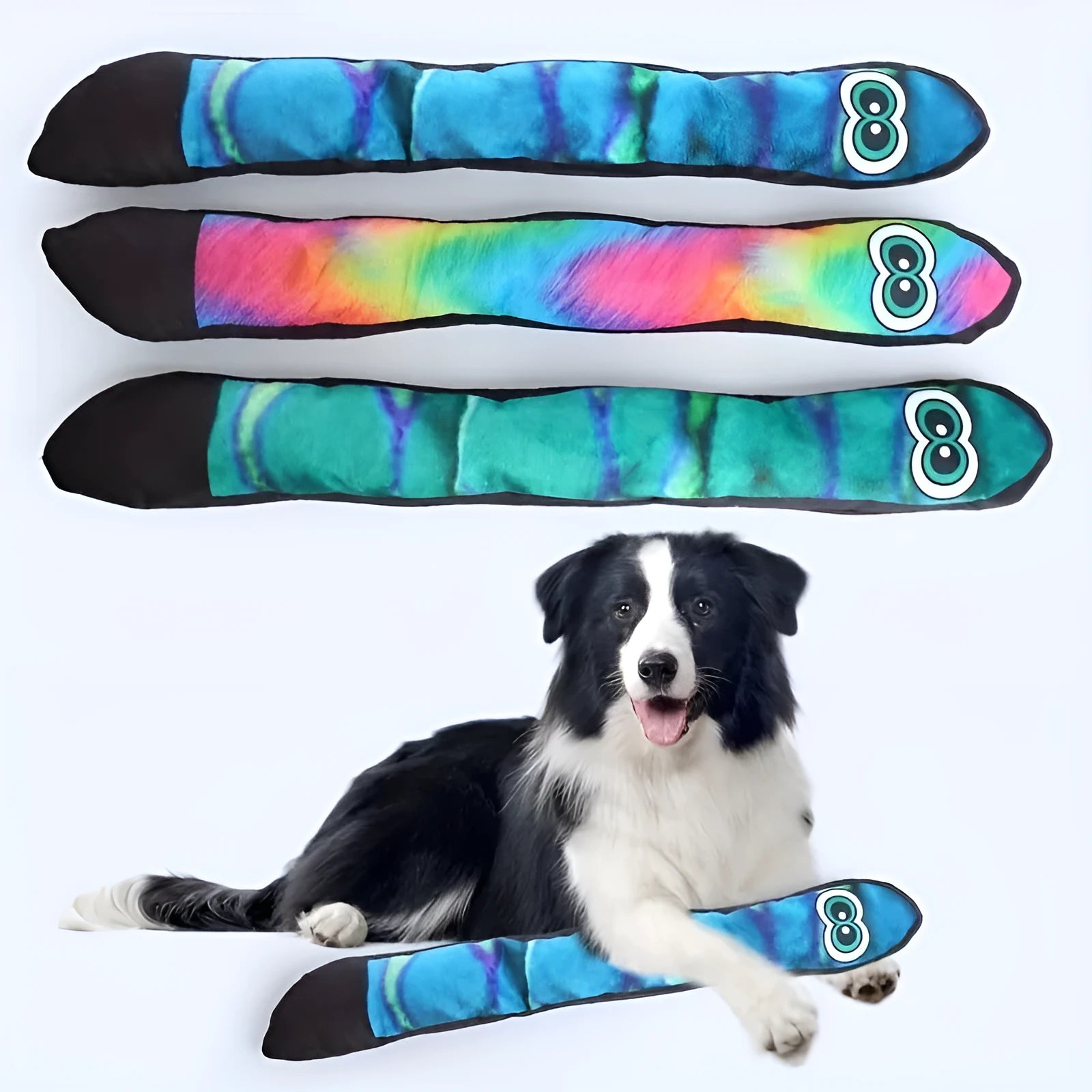 Snake-shaped striped plush dog squeak toy in multicolour, blue, green, and rainbow options.