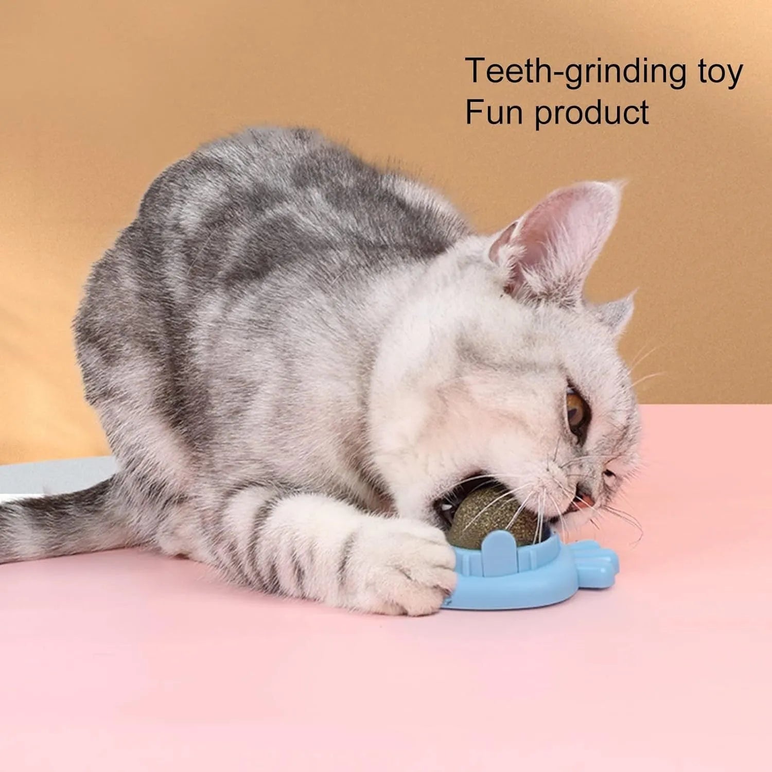 Blue carrot-shaped catnip ball with self-adhesive sticker for wall mounting and cat teeth cleaning