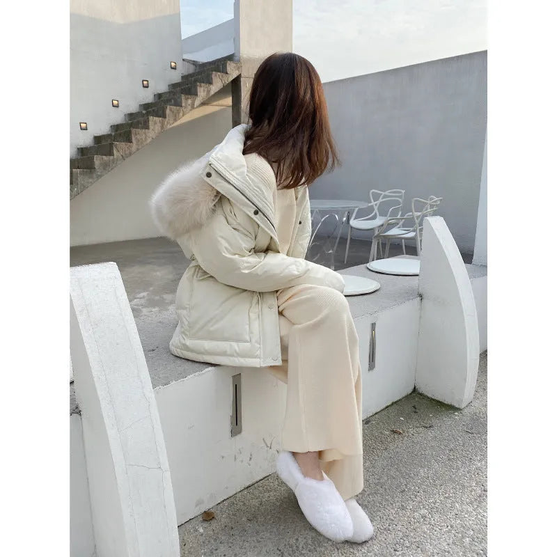 Women's high waist wide-leg knitted trousers in cream white with straight-leg cut and drooping mopping style