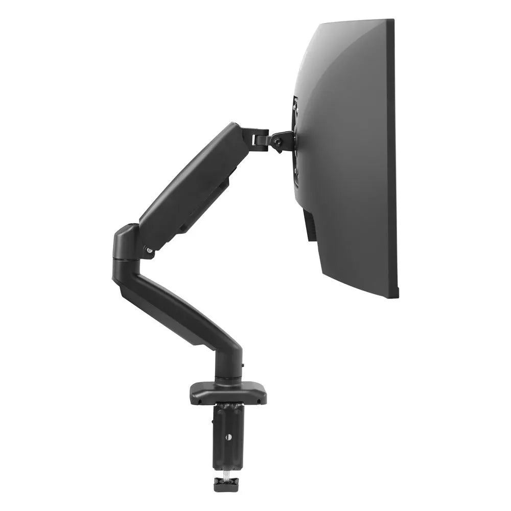 Black rotating telescopic monitor bracket on table with screen adjustment demonstration
