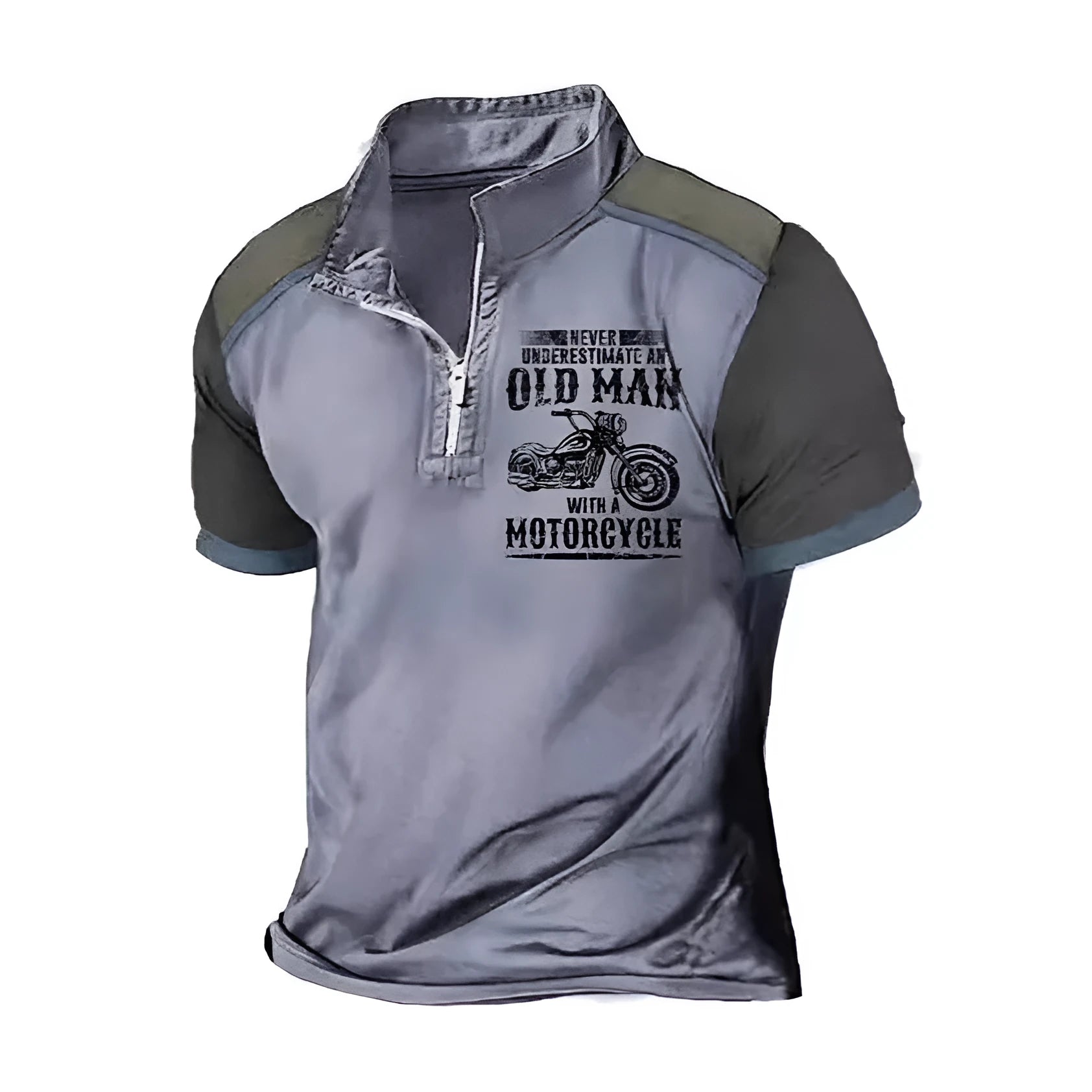 Men's short sleeve polo shirt with lapel collar, digital letter printing, and a zip decoration detail in a casual style.