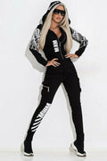 Black women's casual suit with wings printing pattern featuring hooded top and trousers