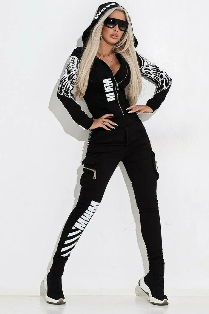 Black women's casual suit with wings printing pattern featuring hooded top and trousers