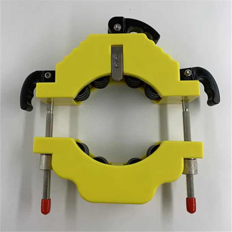 Yellow bottle cutter tool for cutting glass bottles, showing adjustable mechanism and stainless steel blade.