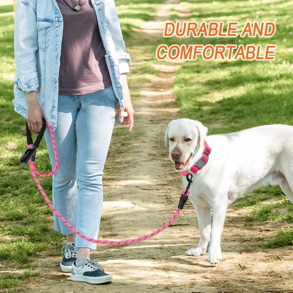 Pink 5 ft heavy duty dog leash with 1/2 inch nylon climbing rope, padded handle, reflective threads and metal clip hook