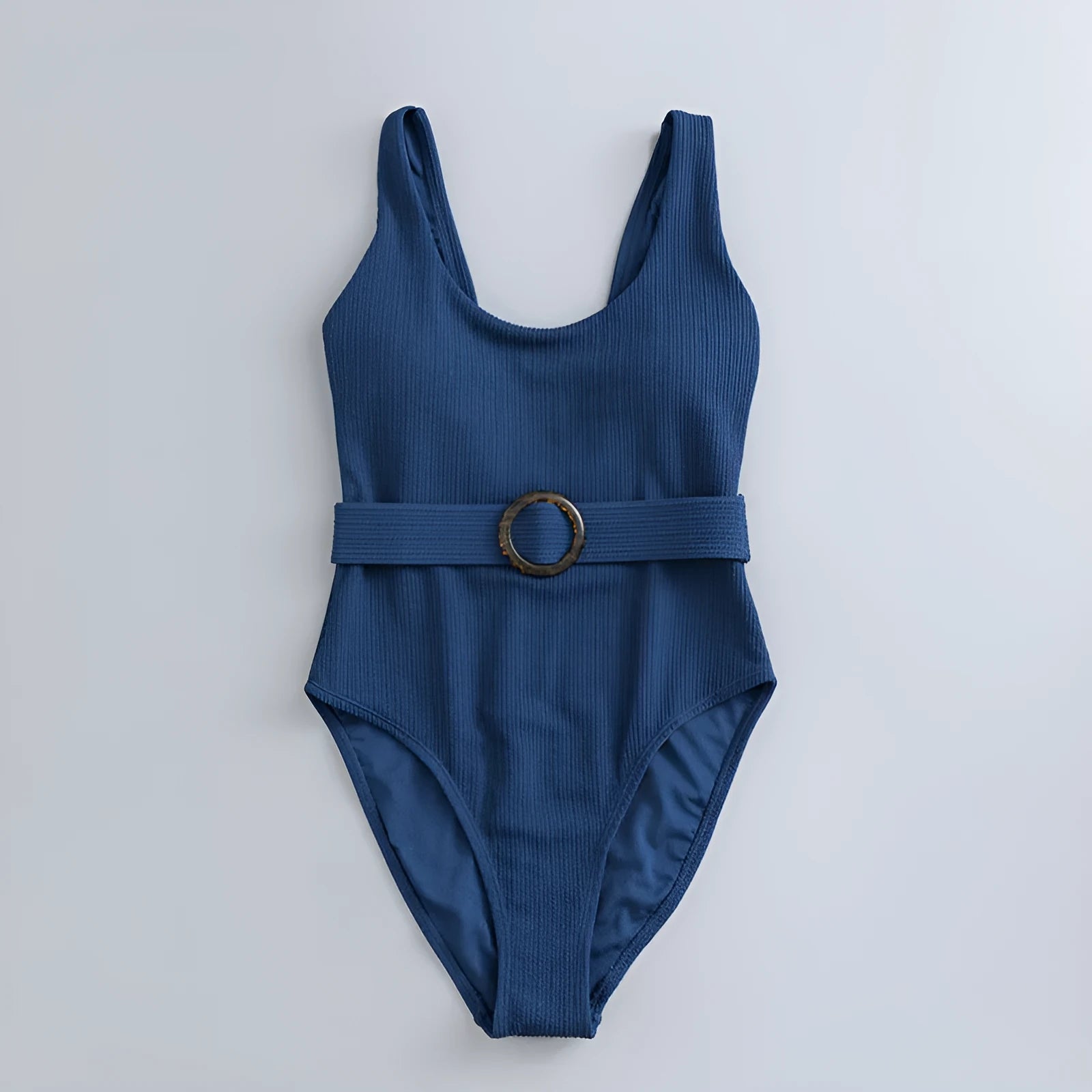 Navy blue women's one-piece swimsuit with slimming triangle design and chest pads