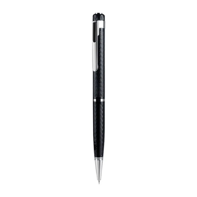 Black pen shaped voice recorder with zinc alloy shell shown alongside included headset and data cable