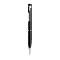 Black pen shaped voice recorder with zinc alloy shell shown alongside included headset and data cable