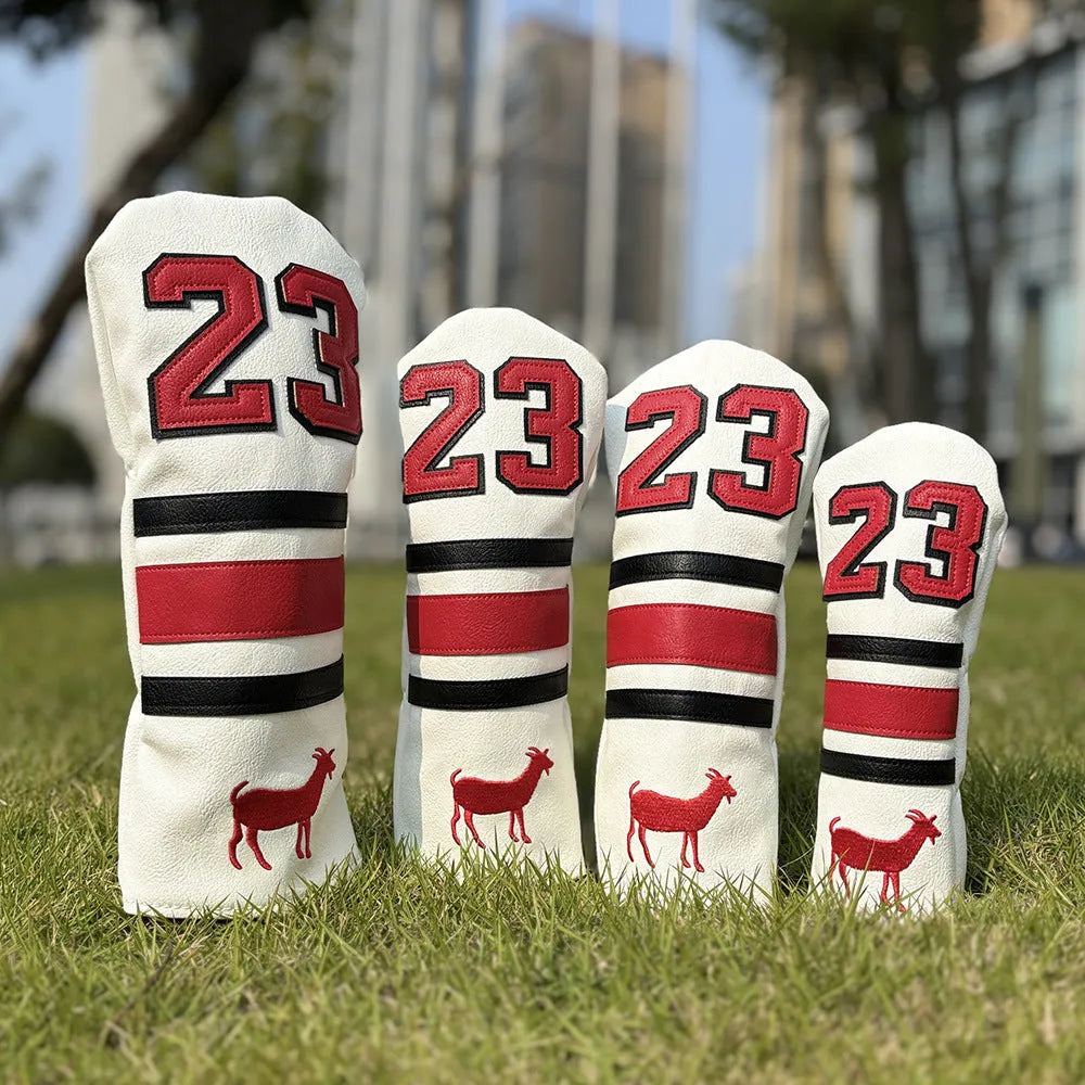 Ram golf headcover set showing chicken leg, 1, 3, 5, UT, and square putter covers in chosen colour.