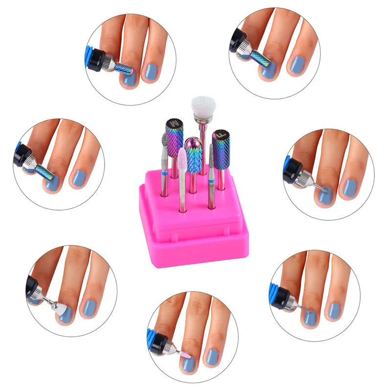 Tungsten steel nail drill bit set with six different bits and a brush in a clear case.