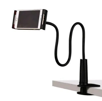 Black aluminium alloy bedside phone stand with a long flexible arm holding a mobile phone on a table.