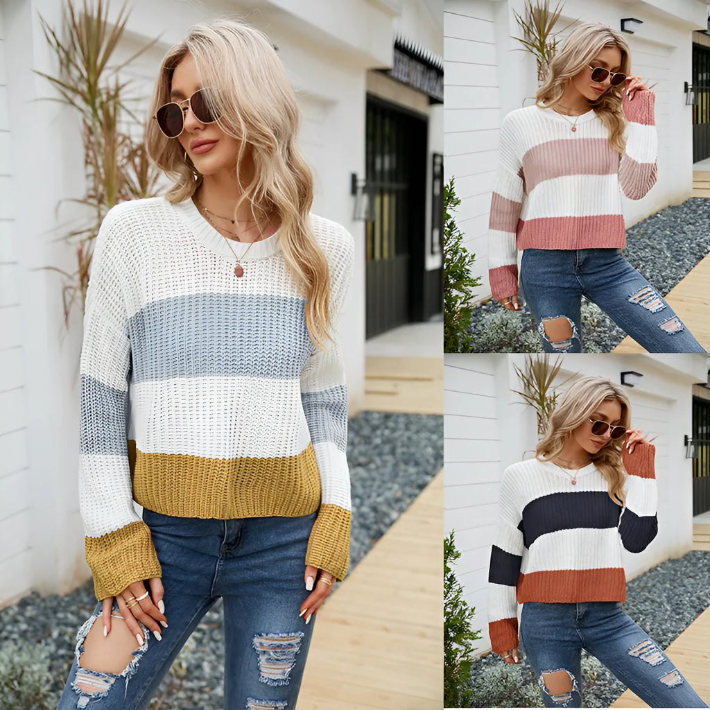 Women's short striped loose pullover jumper in acrylic fabric on hanger