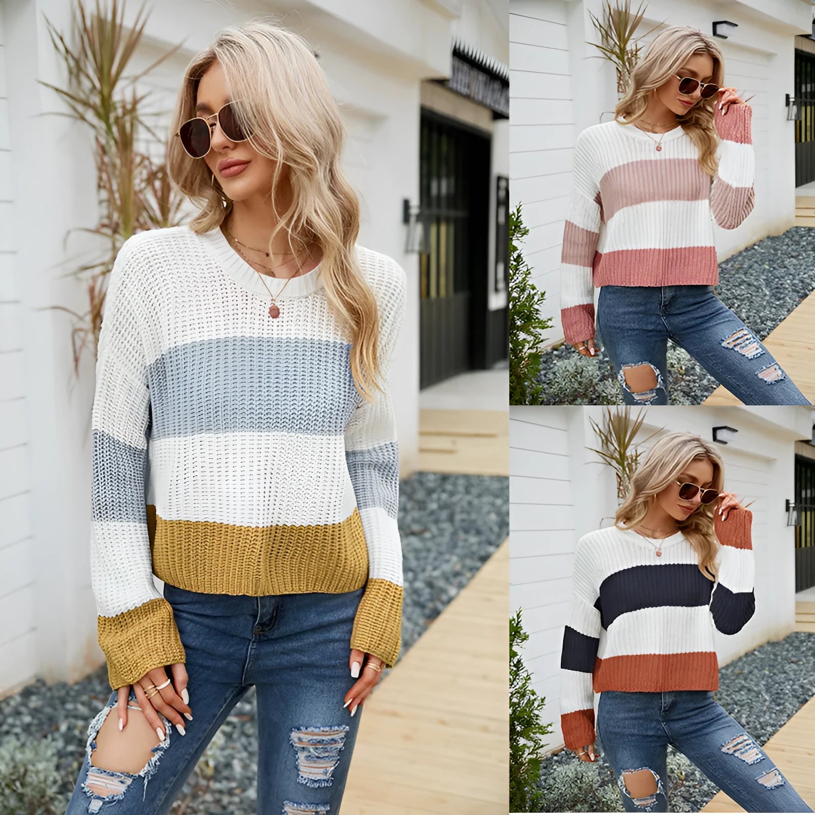 Women's short striped loose pullover jumper in acrylic fabric on hanger