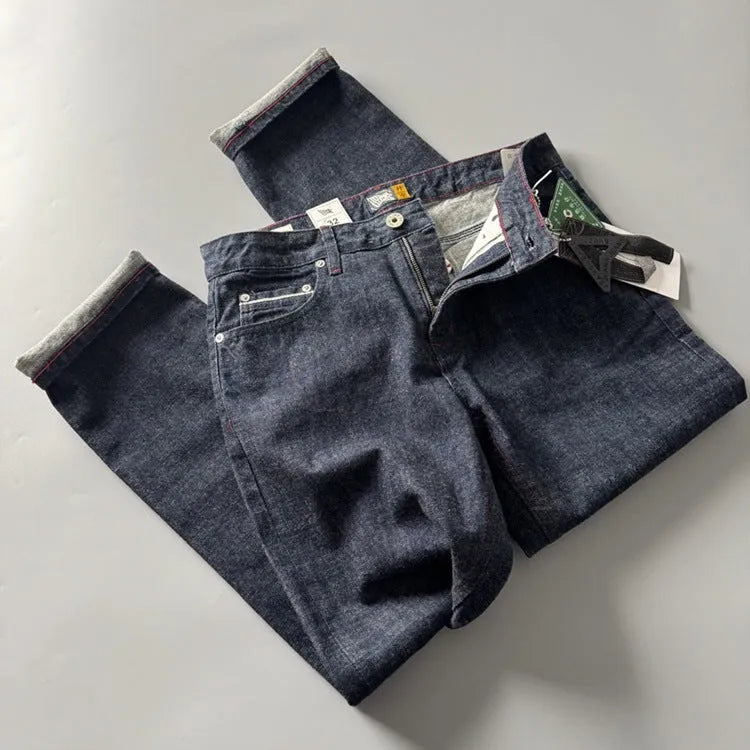 Men's straight leg American retro style jeans in primary colour denim fabric