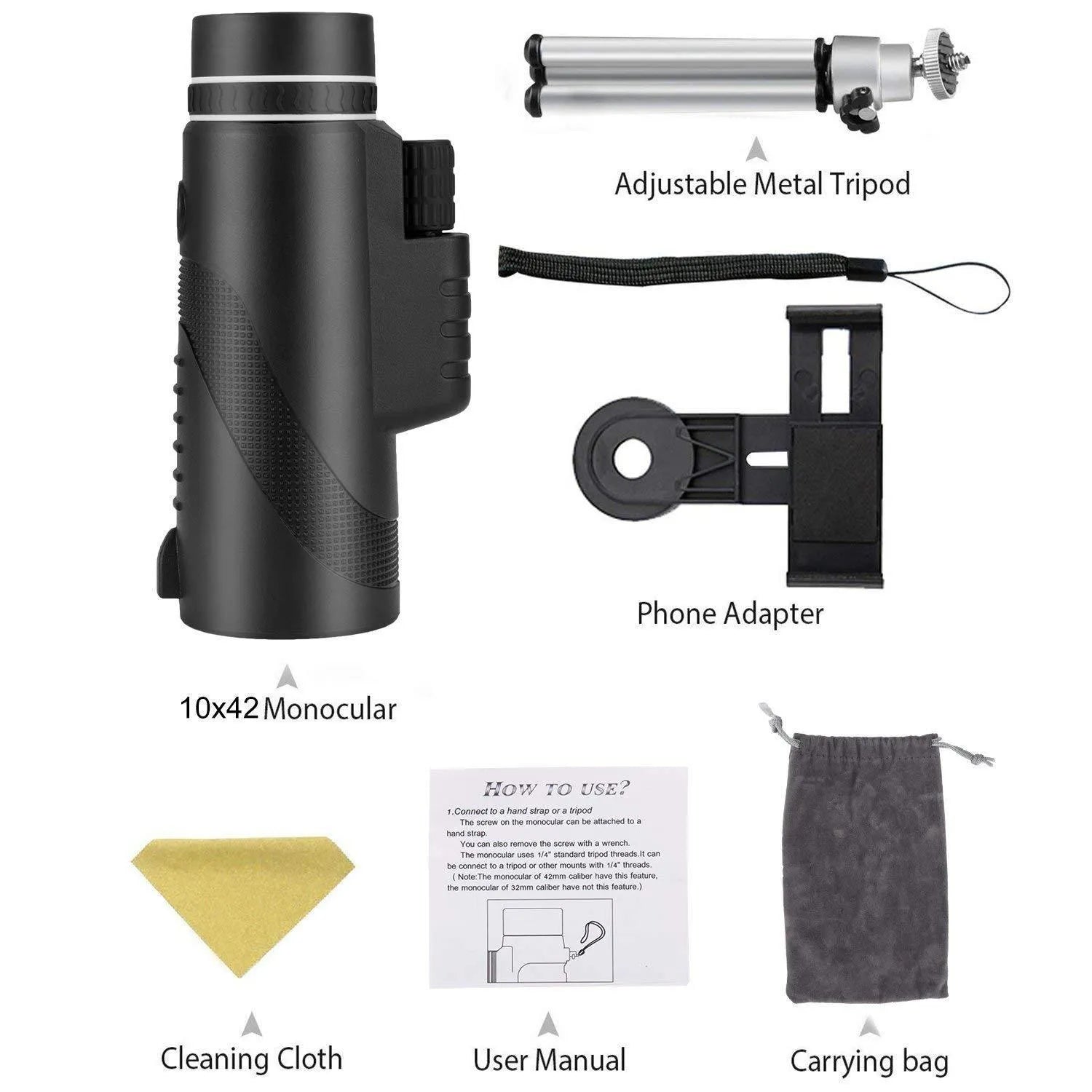 Black monocular telescope with 40x magnification and 60mm objective lens for outdoor observation