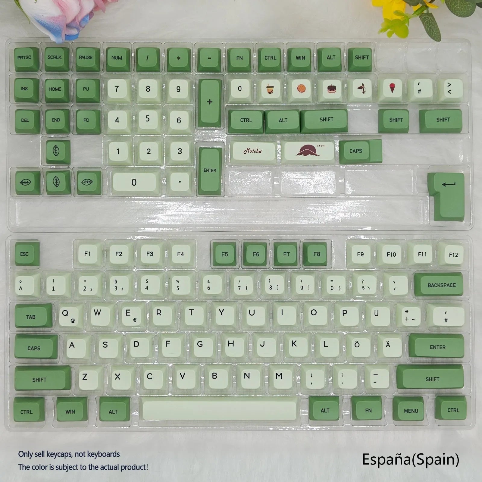 124 PBT keycaps with matcha green colour and white doubleshot legends for mechanical keyboards.