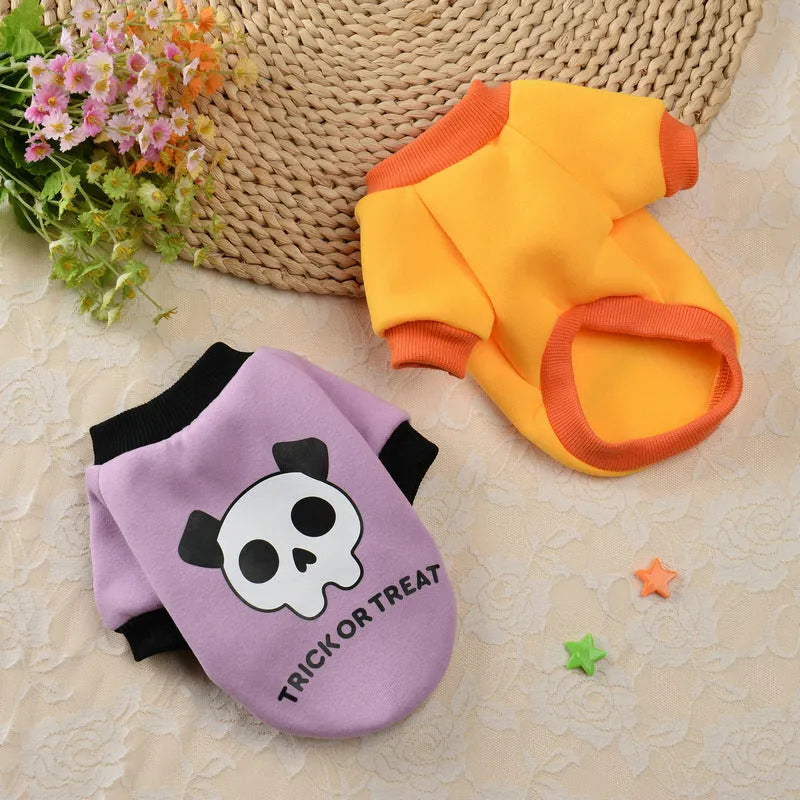 Halloween pumpkin skull pet sweater for small dogs, polyester cartoon jumper in yellow black purple, sizes XS to XL