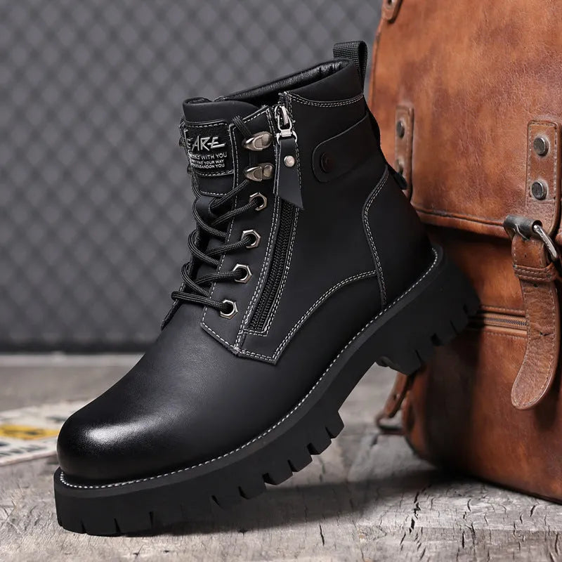 Men's brown high-top leather Martin boots with a side zipper and round toe on a non-slip rubber sole.