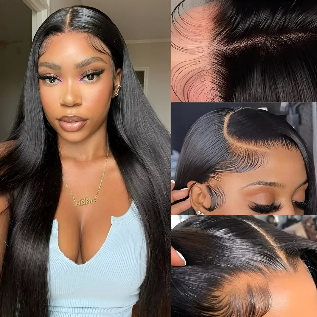 Straight black human hair lace front wig with a 13x6 inch hand-woven frontal on a mannequin head