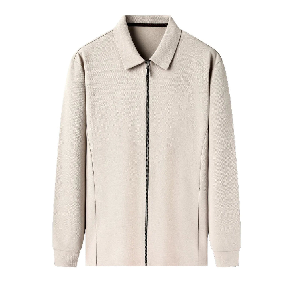 Men's straight hem polyester jacket in apricot, black, or dark grey on a size chart