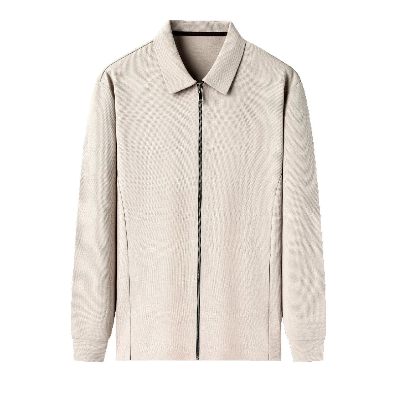 Men's straight hem polyester jacket in apricot, black, or dark grey on a size chart