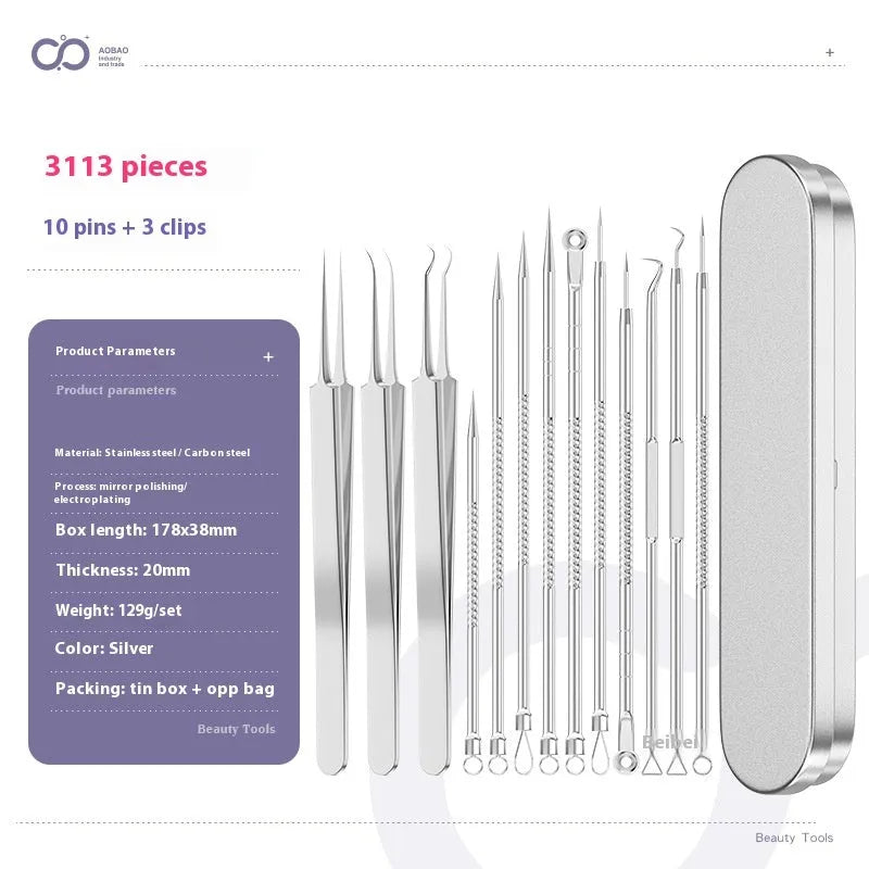 Four silver metal acne needles with fine pointed tips for blackhead removal.