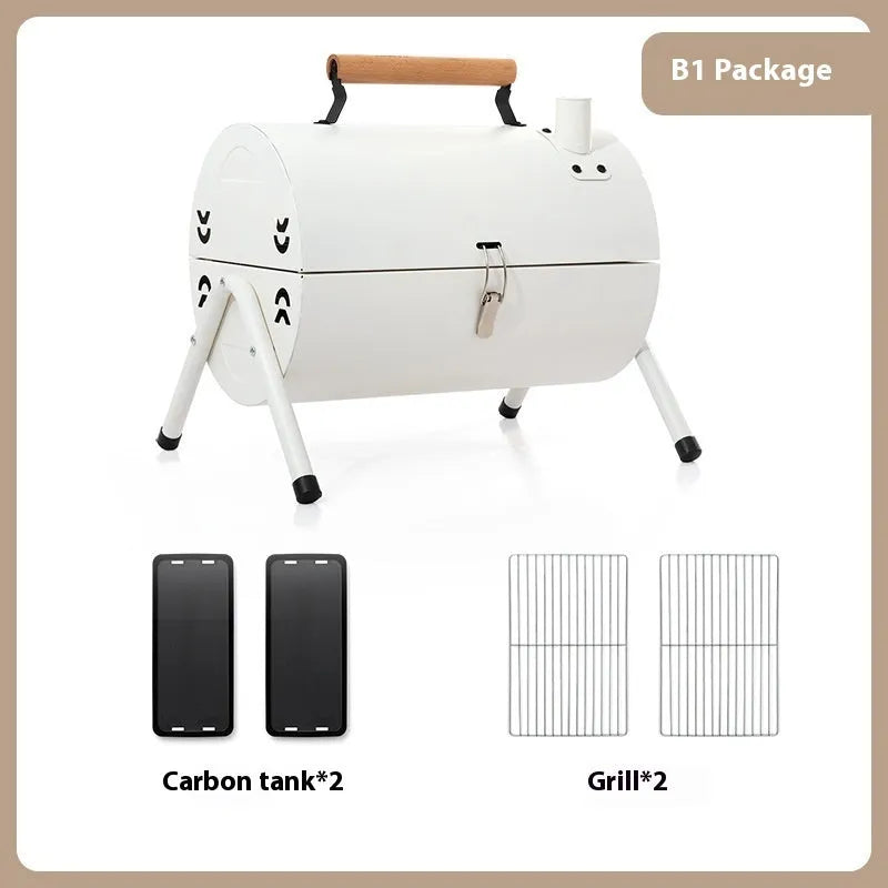 White round chimney portable barbecue cooker with detachable carbon tanks and folding design