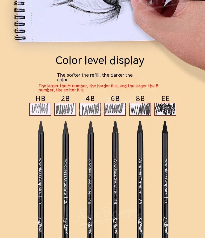Set of wood-free graphite sketching pencils showing six different hardness grades including HB 2B 4B 6B 8B and EE