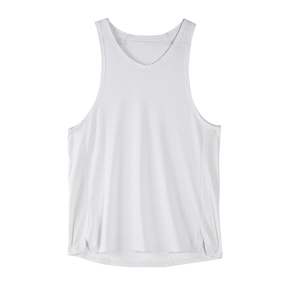 Men's black sleeveless nylon vest on a hanger, showing stretch fabric texture.