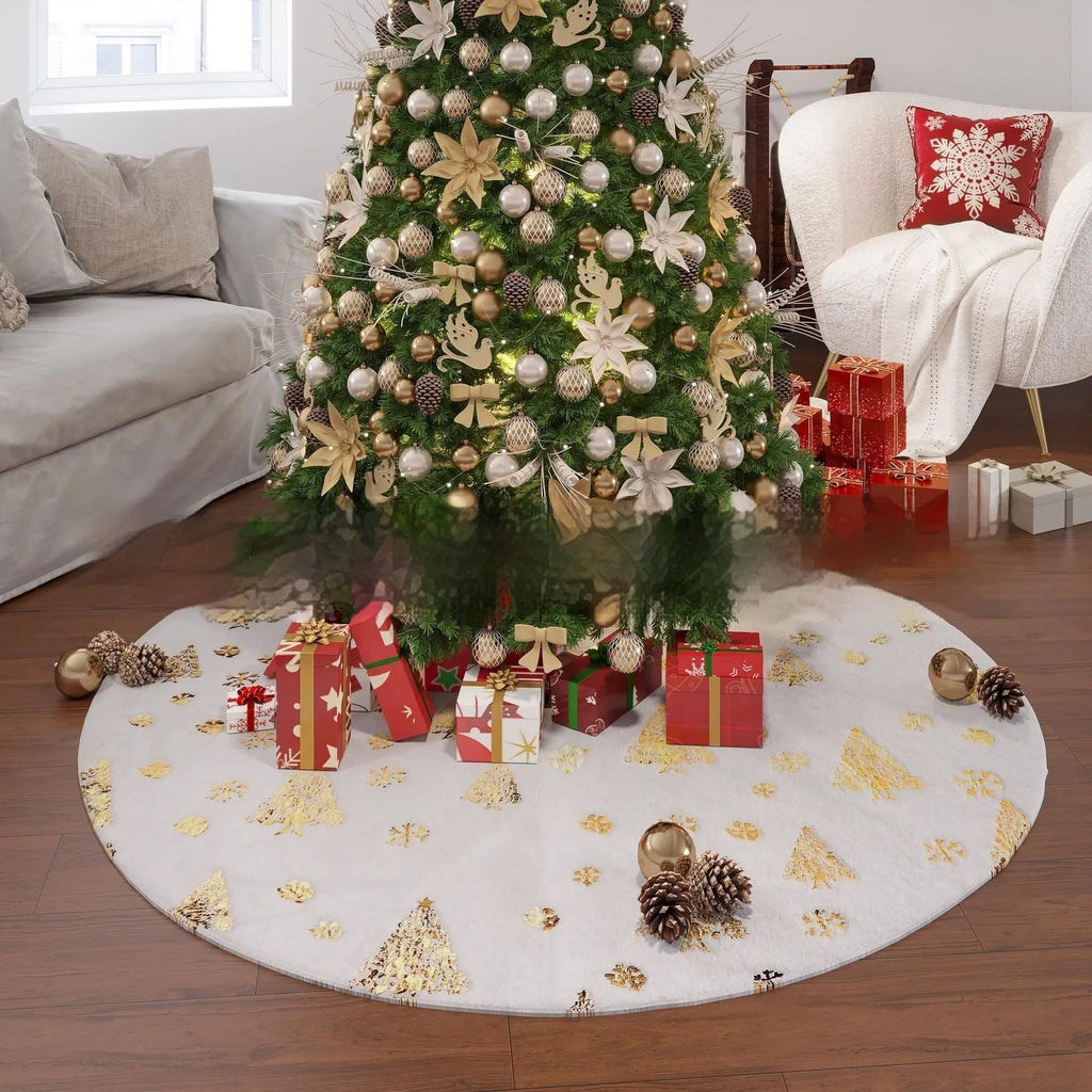 Plush Christmas tree rug with snowflake patterns in various size options