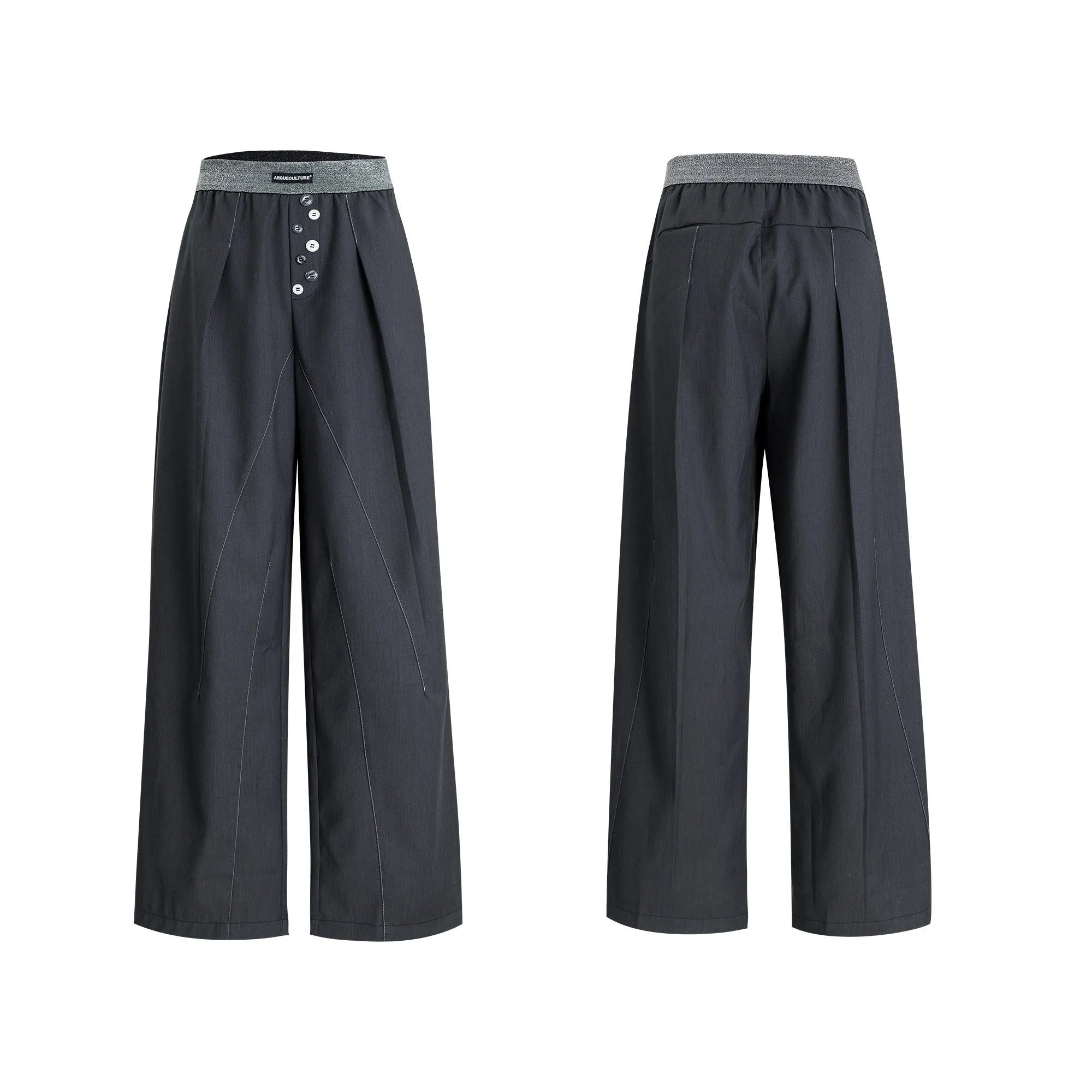 Drooping straight-leg casual trousers with button open line detail in black or grey colours