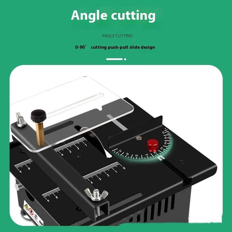 Compact metal desktop micro saw with lithium ion battery and 5-in-1 angle cutting head.