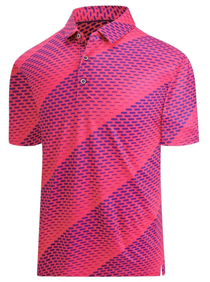 Men's 3D printed short sleeve t-shirt with graphic pattern and zip decoration on a mannequin.