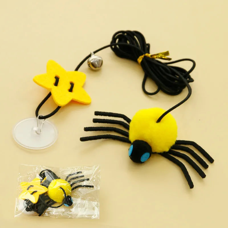Red and yellow cat hanging door toy with elastic rope, feather playing stick, and bell spider accessory.