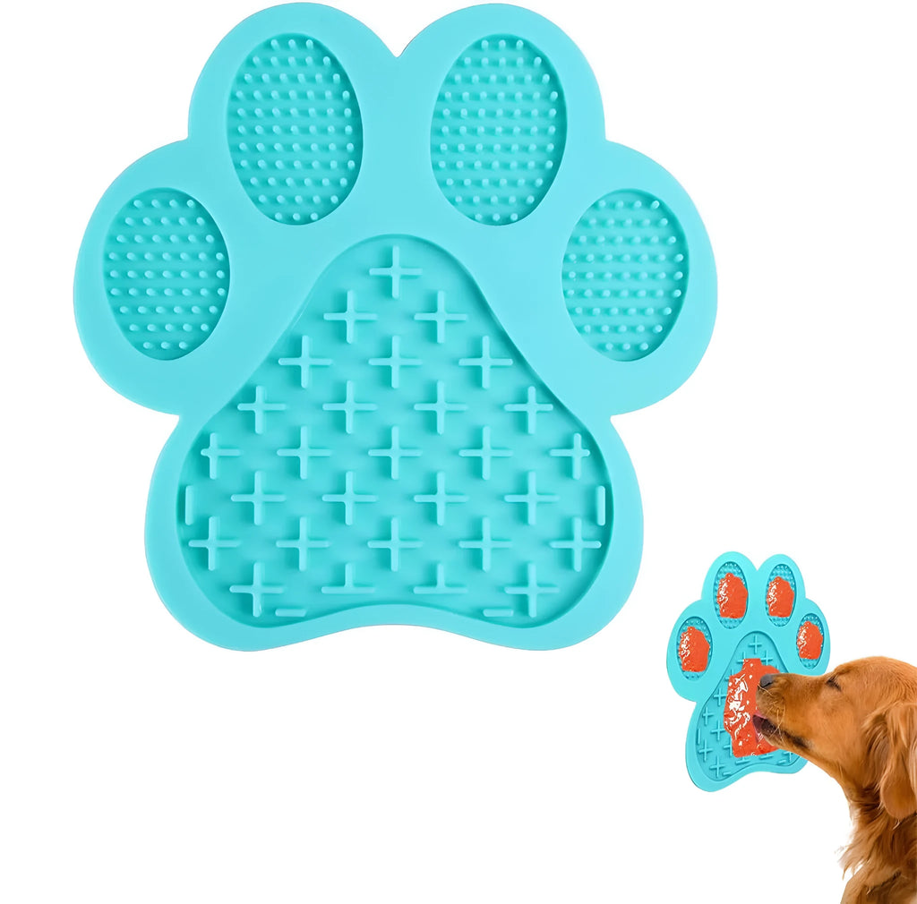 Square blue silicone dog licking mat with bone texture and suction cups on the back.