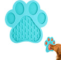 Square blue silicone dog licking mat with bone texture and suction cups on the back.