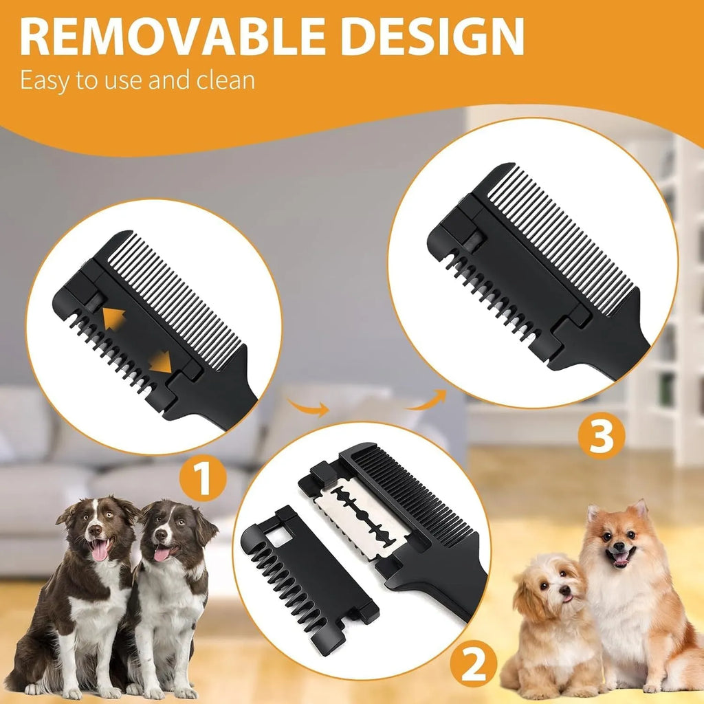 Pet razor comb for dogs and cats with ten spare blades on a white background.