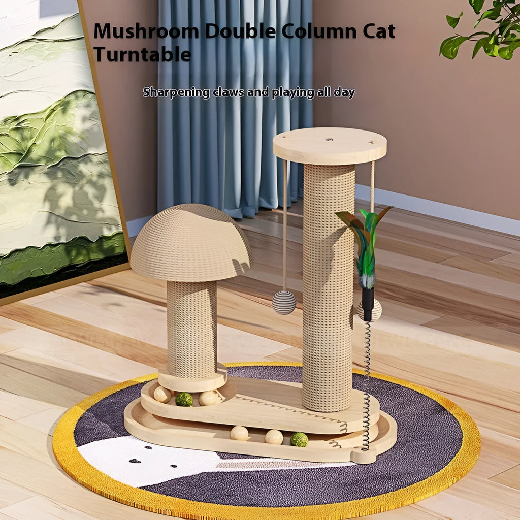 Solid wood cat scratching post with turntable and climbing elements for indoor feline exercise
