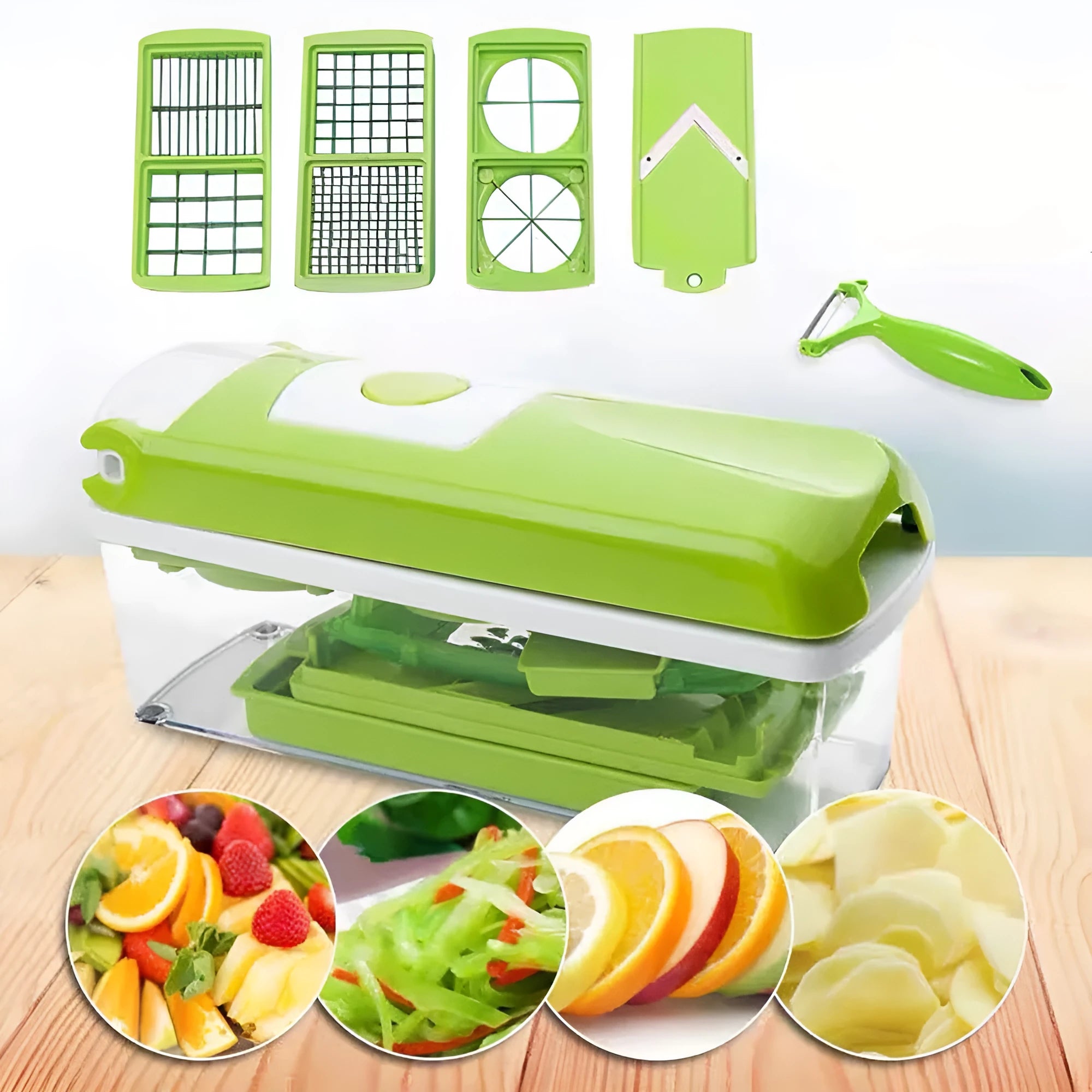 Green manual food chopper with multiple stainless steel accessories on a kitchen counter.