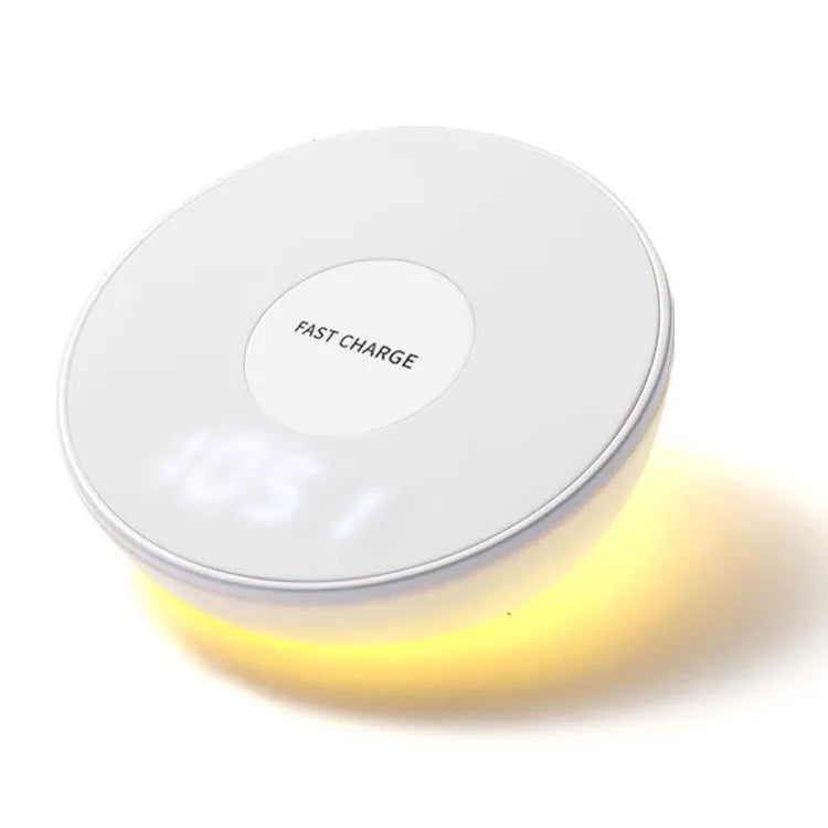 White wireless phone charger with clock display and three control buttons