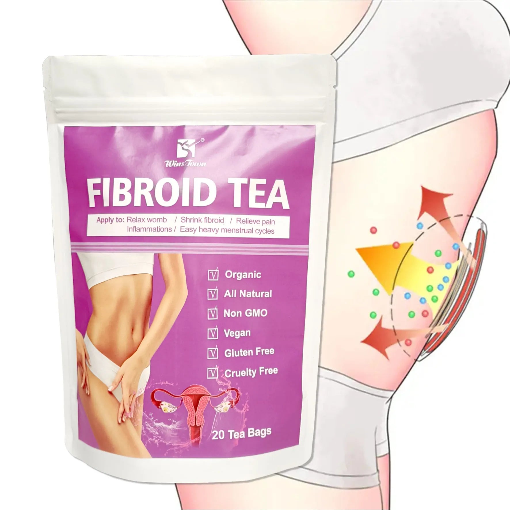 A single pack of C83 Winstown herbal fibroid support tea bags for cold extraction.
