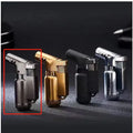 HB805-1 full metal windproof lighter in black, gold, gray or silver showing straight elbow punch mechanism.