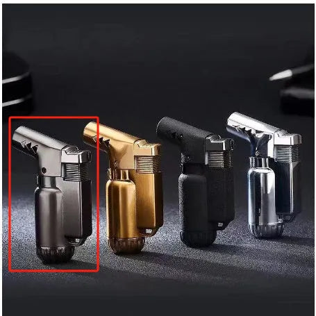 HB805-1 full metal windproof lighter in black, gold, gray or silver showing straight elbow punch mechanism.